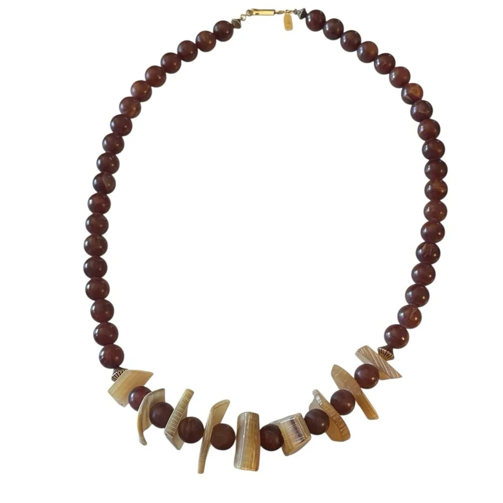Chunky Lucite Necklace Faux Tiger Amber &‎ Bone Statement Tribal Signed M.E. VTG